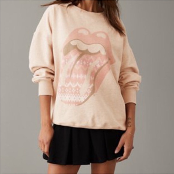 American Eagle AE Oversized Rolling Stones Lips Sweatshirt Heathered Cream Pink - Picture 12 of 12